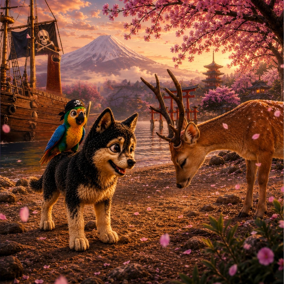 Scotty the wolf pup and Pricey the macaw meeting a sacred deer beneath cherry blossom trees, with Mount Fuji and the pirate ship behind them