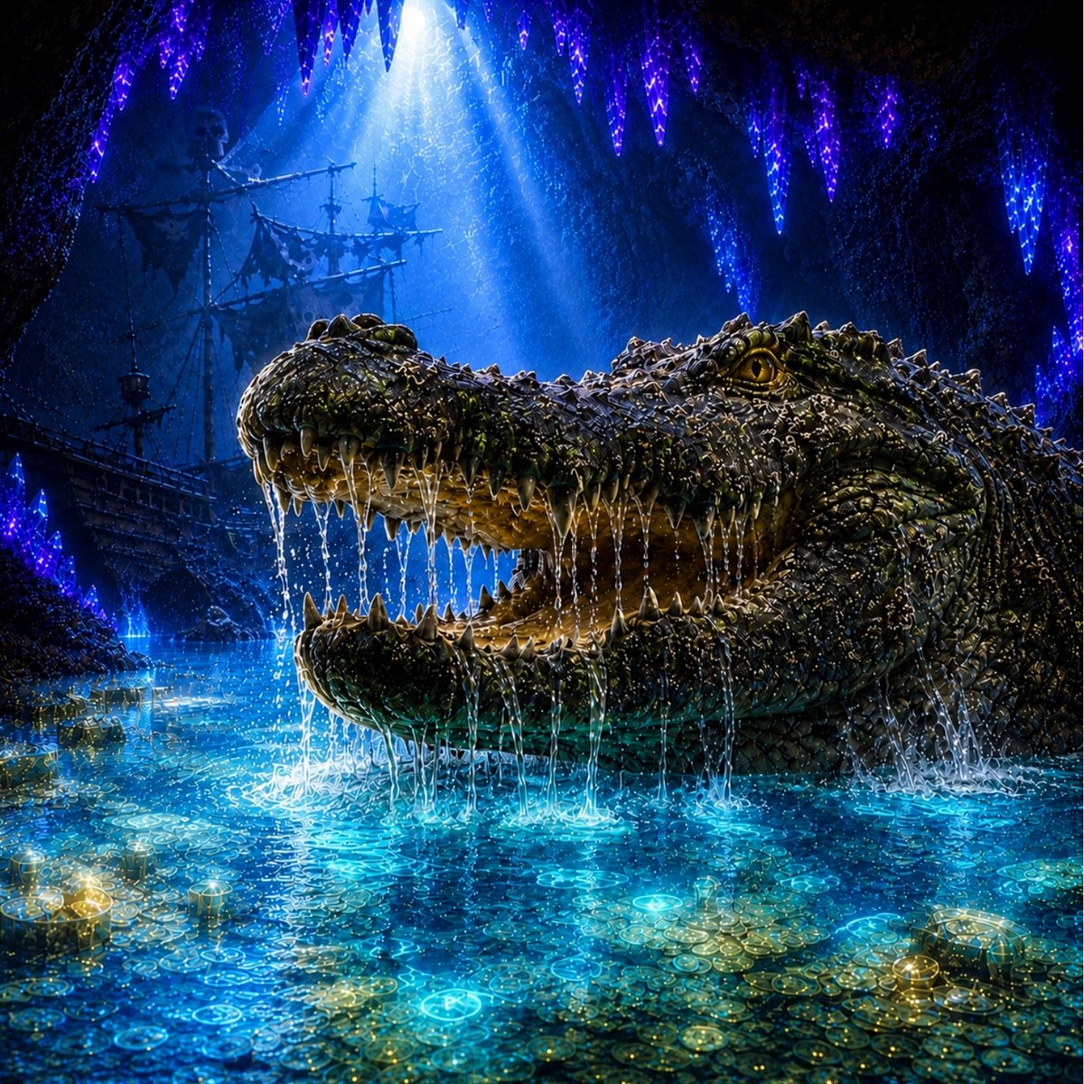 An enormous ancient crocodile rising out of the water inside a glowing crystal cave, with a sunken pirate ship behind it