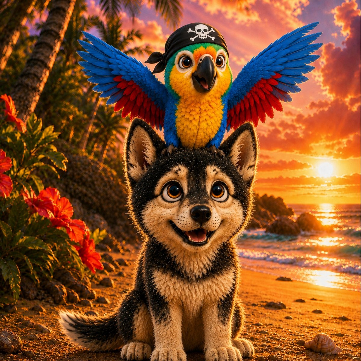 Pricey the macaw landing on Scotty the wolf pup's head with his wings spread wide, on a tropical beach at sunset