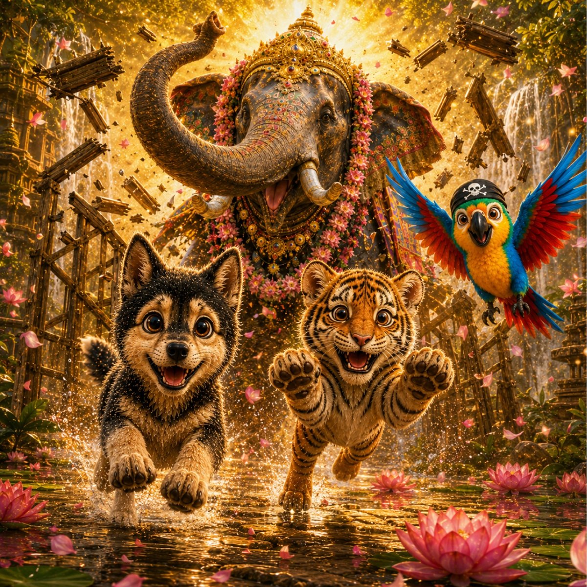 A great Thai elephant dressed in flowers and gold smashing open a wooden cage as Scotty the wolf pup and the freed tiger cub race out together with Pricey the macaw flying beside them