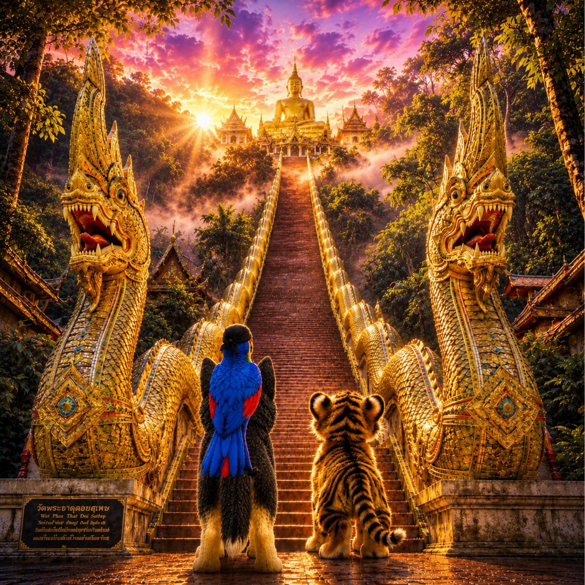 Scotty the wolf pup, Pricey the macaw and the tiger cub at the foot of the 306 golden steps to the Golden Buddha in Chiang Mai, flanked by naga dragon statues